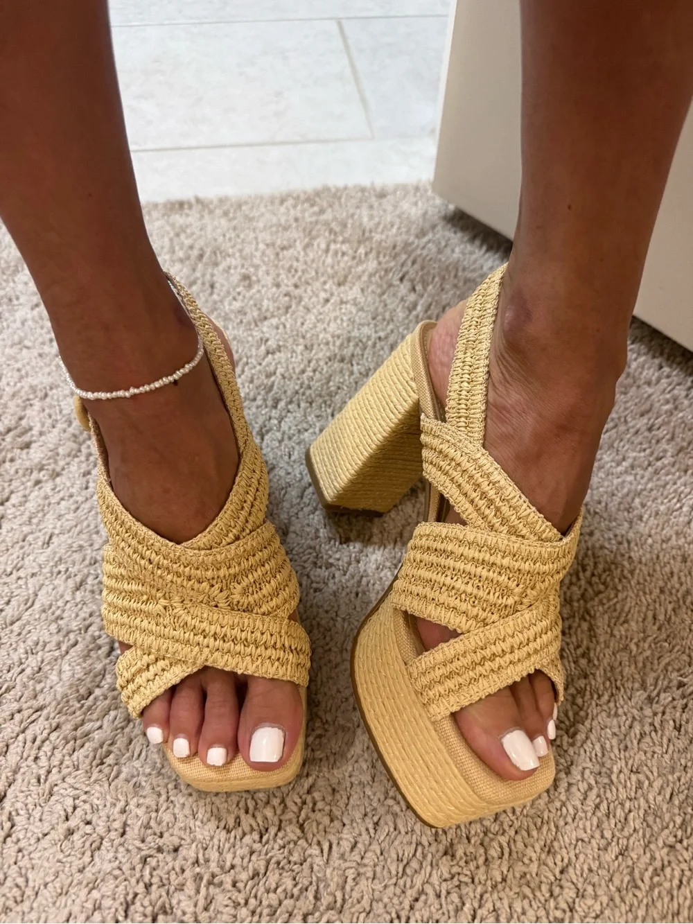 Woven Straw Block Heel Sandals - Natural